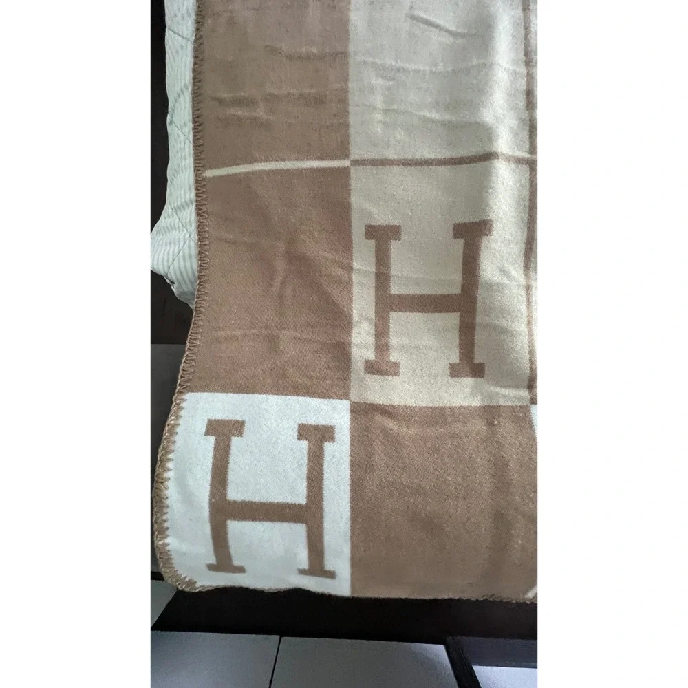 Letter H Throw Blanket 52x69 Tan Beige Reversible Cozy Home Decor NWOT